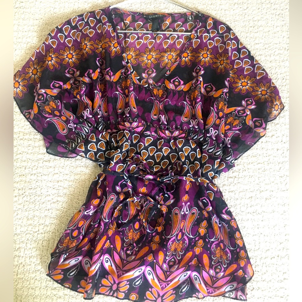 George Bohemian Sheer Floral Loose V Neck Top Blouse & Matching Belt XS